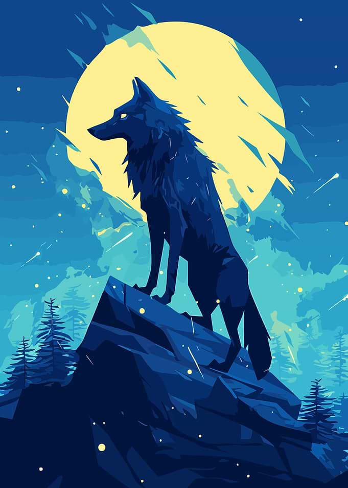 Blue Wolf Under Moon Minimalist Art Illustration