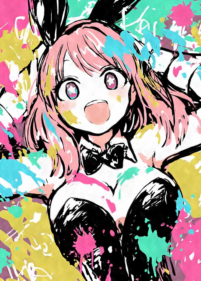 Colorful Anime Girl with Bunny Ears