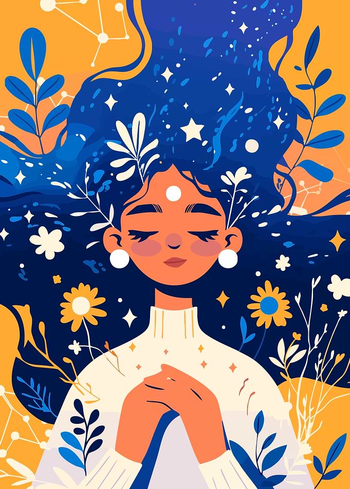 Girl with Starry Hair Minimalist Art Illustration