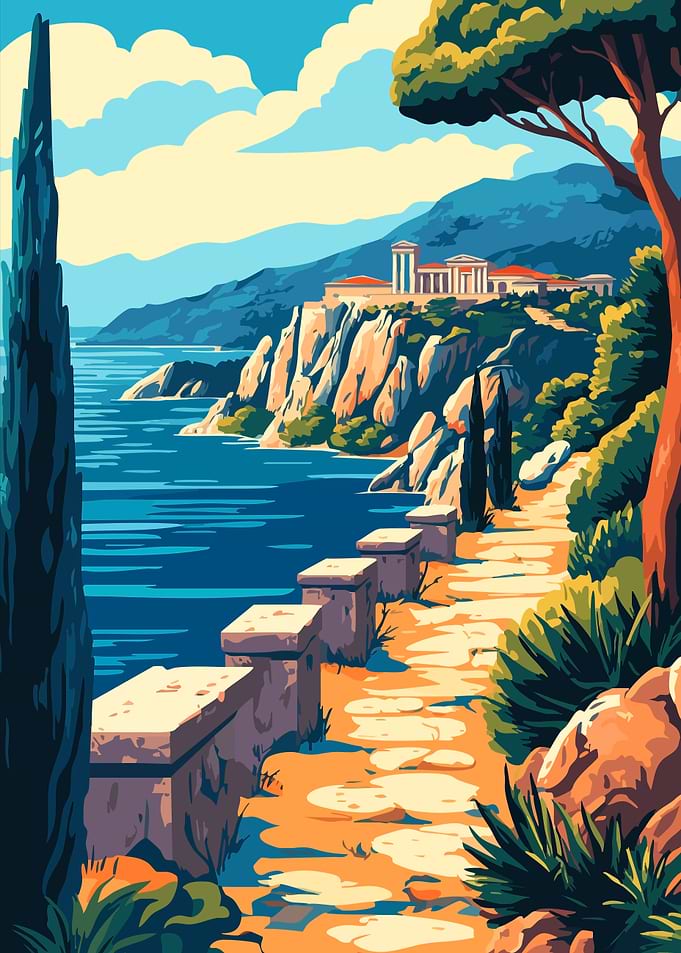 Ancient Greek Mediterranean Coastline Minimalist Art Illustration