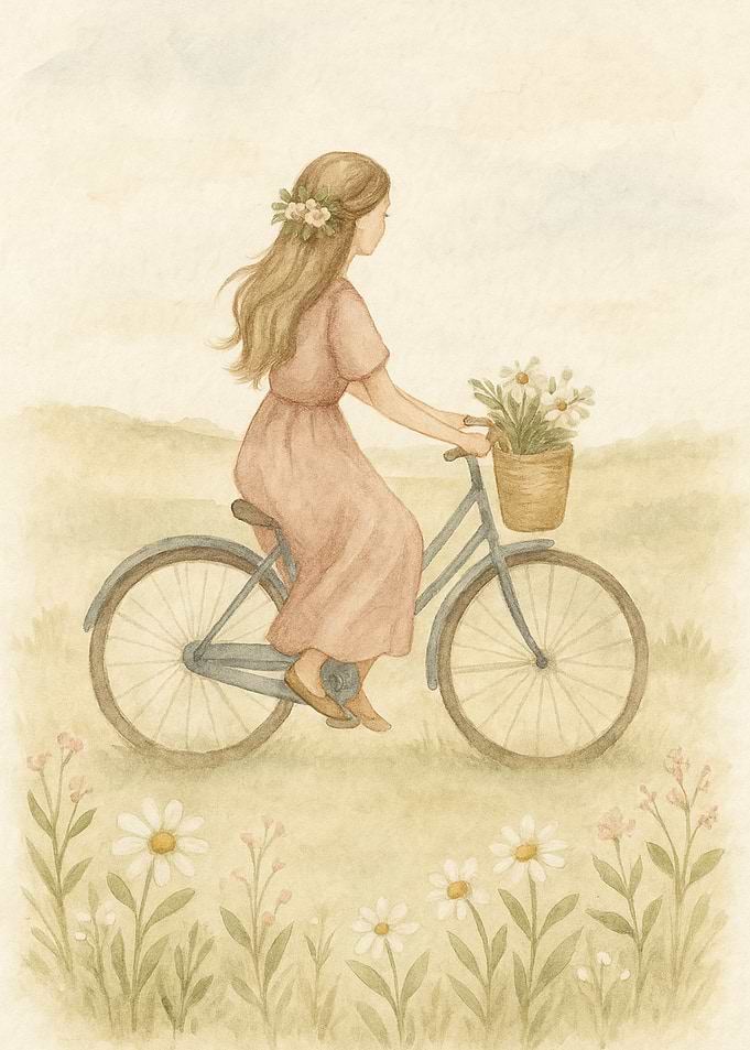 Girl on Bicycle with Flowers