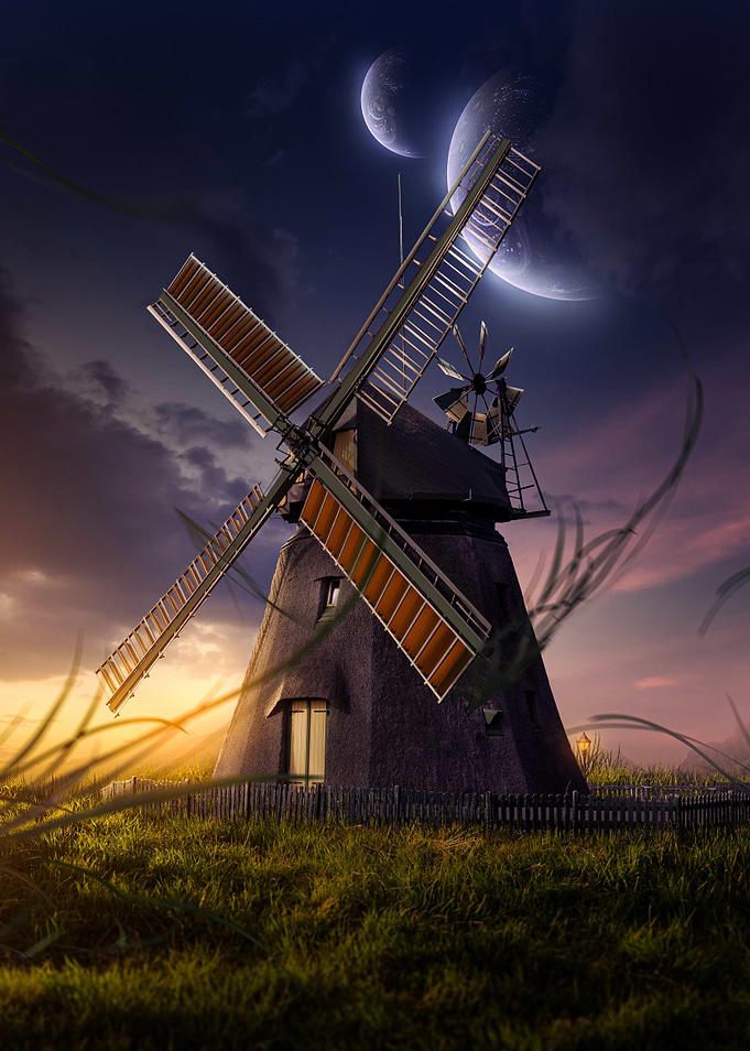Windmill Under Two Moons
