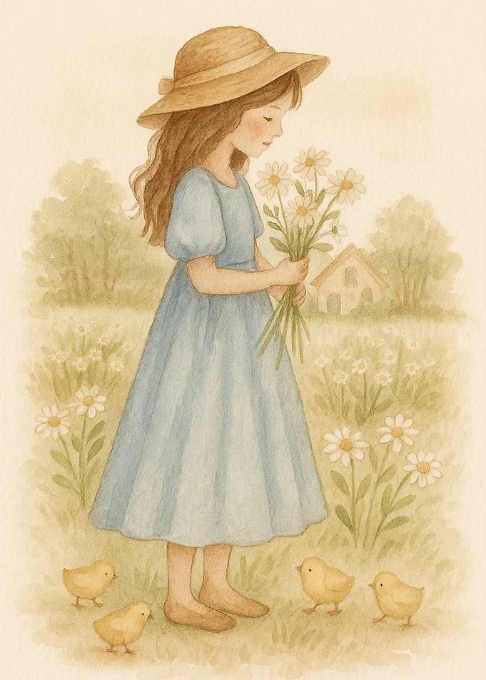 Girl with Daisies and Chicks