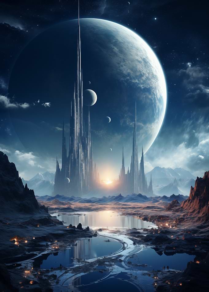 Surreal Planet Cityscape with Moon