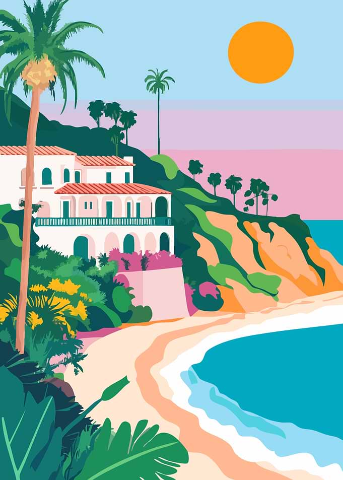 California Spanish Beach House Pastel Sunset Minimalist Art Illustration