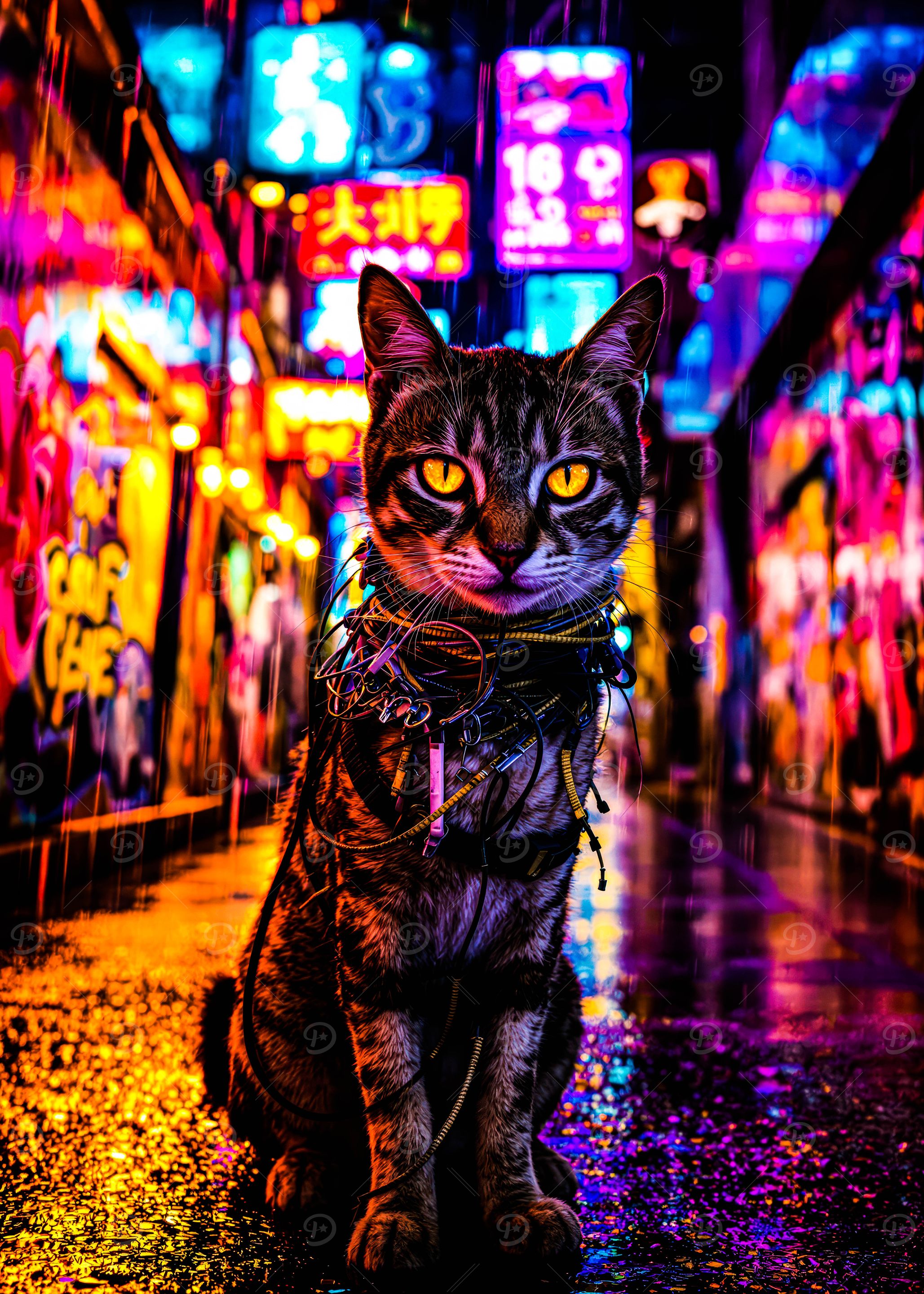 Neon Cat in City Alley