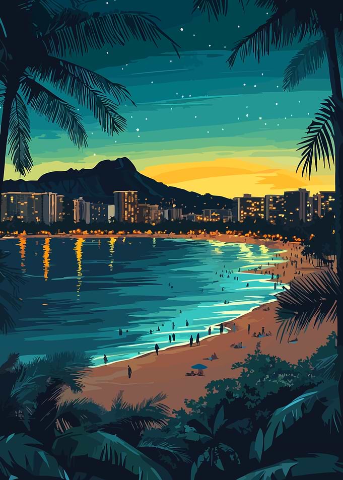Waikiki Honolulu Beach Sunset Minimalist Art Illustration