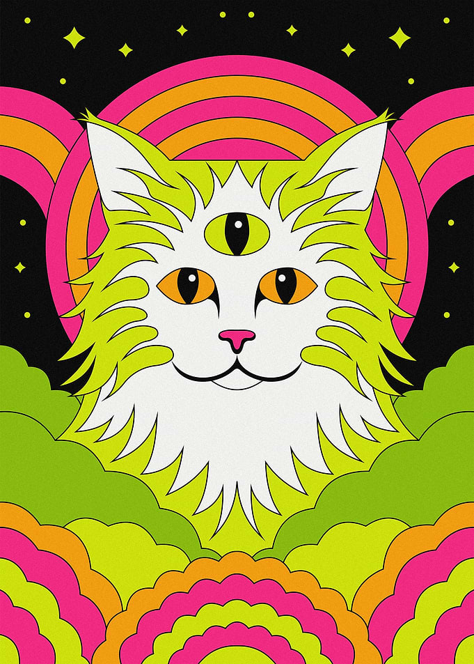 Trippy Cat in Psychedelic Landscape
