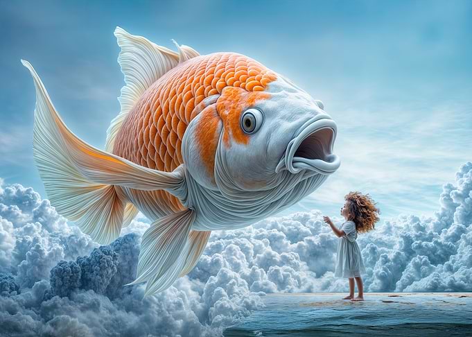 Giant Koi Fish and Girl in the Clouds