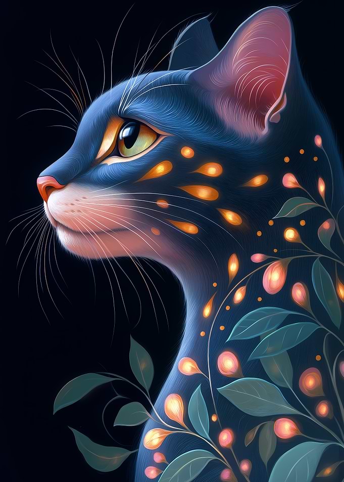 Glowing Egyptian Mau Cat with Floral Design Animal