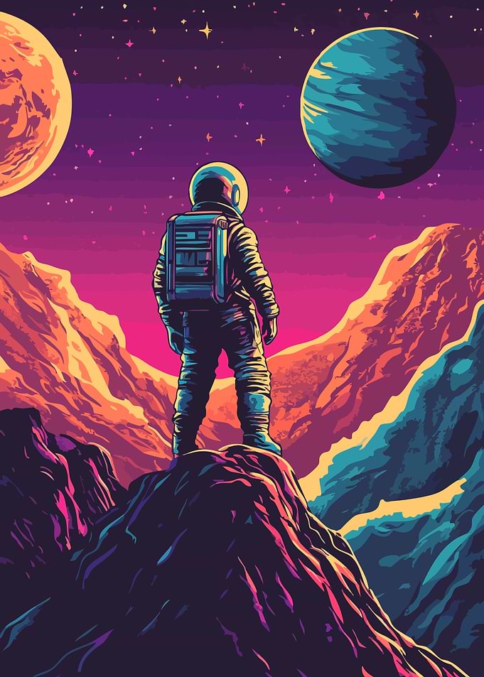 Astronaut on Alien Planet Retro Minimalist Art Illustration