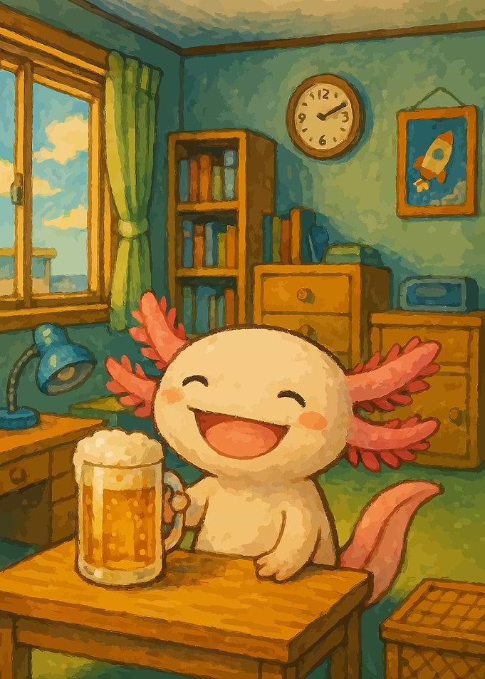 Smiling Axolotl with Beer