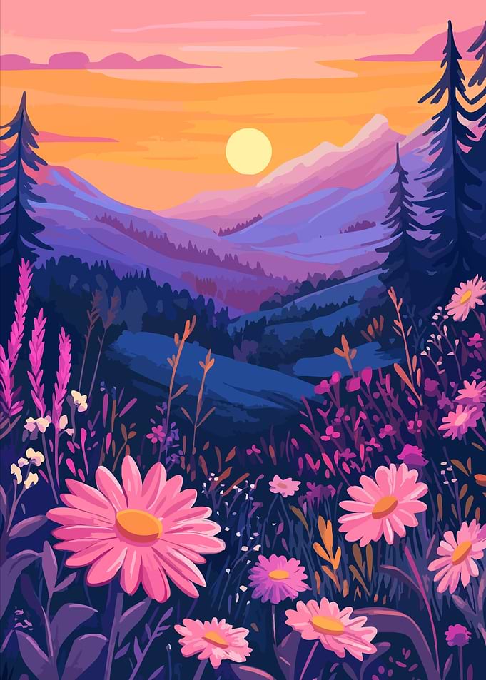 Purple Mountain Meadows Flowers Minimalist Art Illustration
