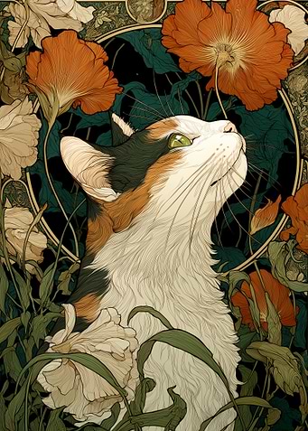 Calico Cat in Flowers