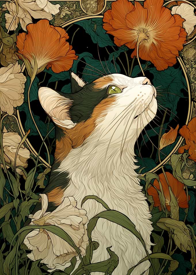 Calico Cat in Flowers