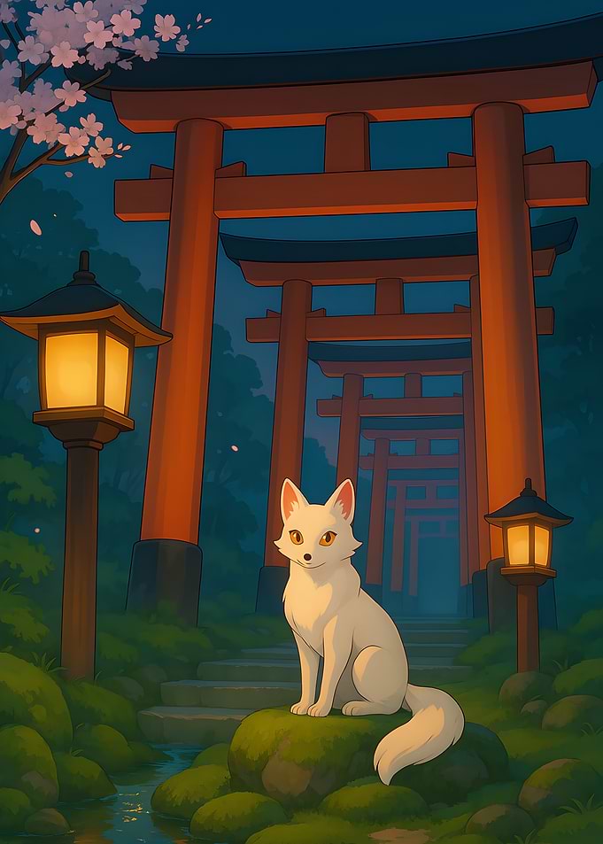 White Fox at Torii Gate