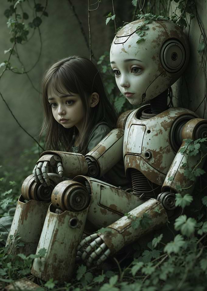 A melancholic young girl sitting beside a forlorn robot