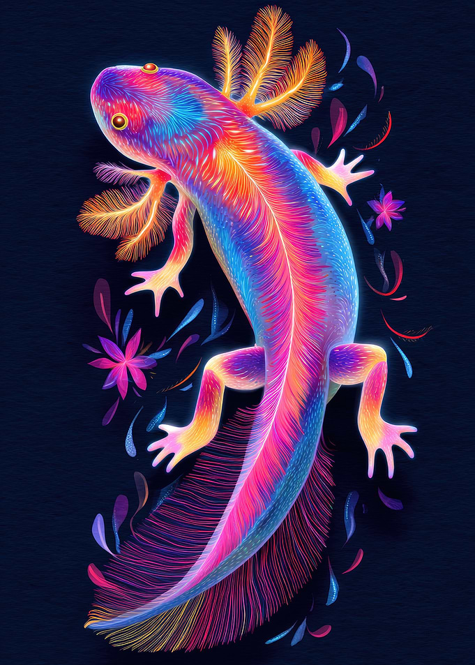 Neon Axolotl with Flowers
