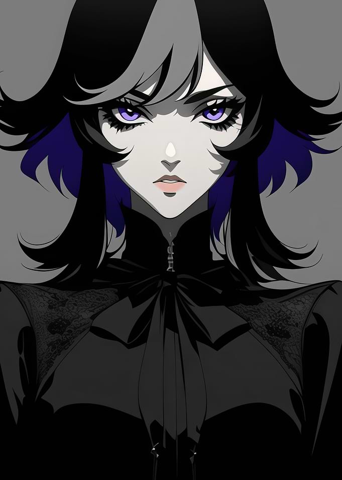 Dark Gothic Anime Girl with Purple Eyes and Black Dress
