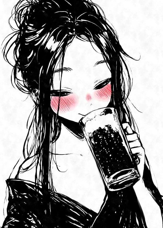 Anime Girl Drinking Beer Black Ink