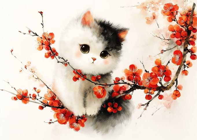 Kawaii Japan Cat with Sakura Blossoms
