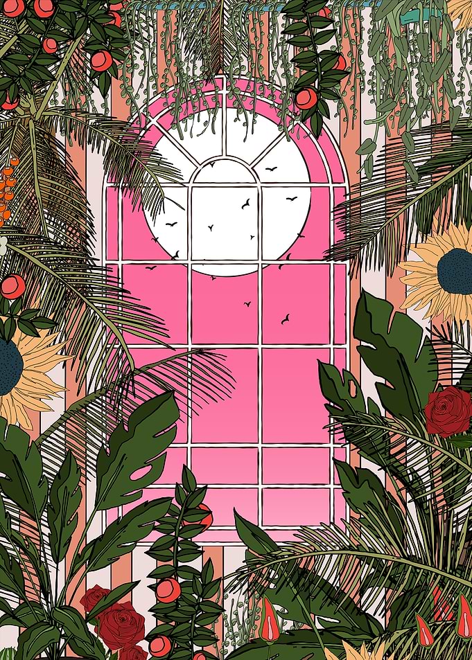 Pink Window with Tropical Plants
