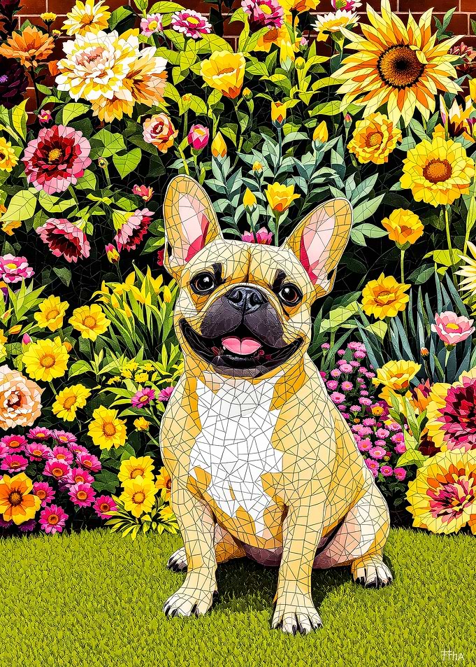 French Bulldog in Flower Garden