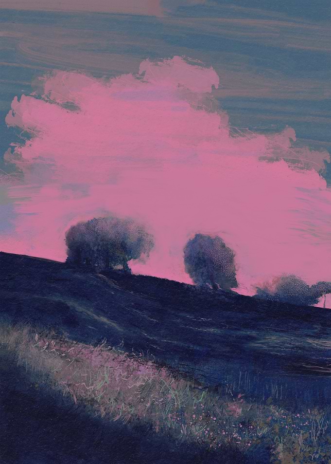 Unique Surreal Pink Sky Floral Hill Landscape Artwork