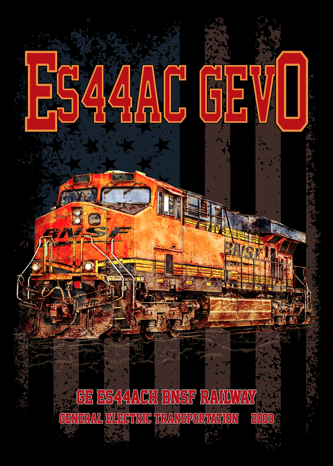 GE ES44AC GEVO Diesel Locomotive profile used for BNSF Freight Trains and American flag.