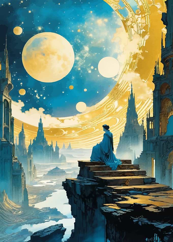 Fantasy Cityscape with Mysterious Figure