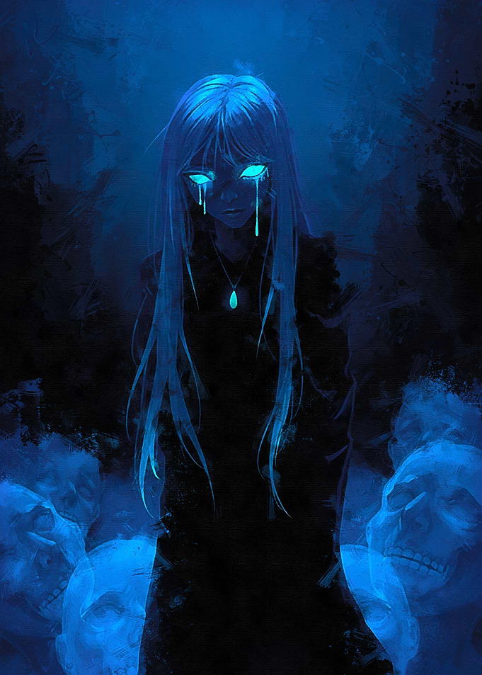 Blue Anime Girl with Skulls