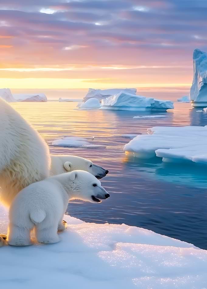 Polar Bear Family at Sunset