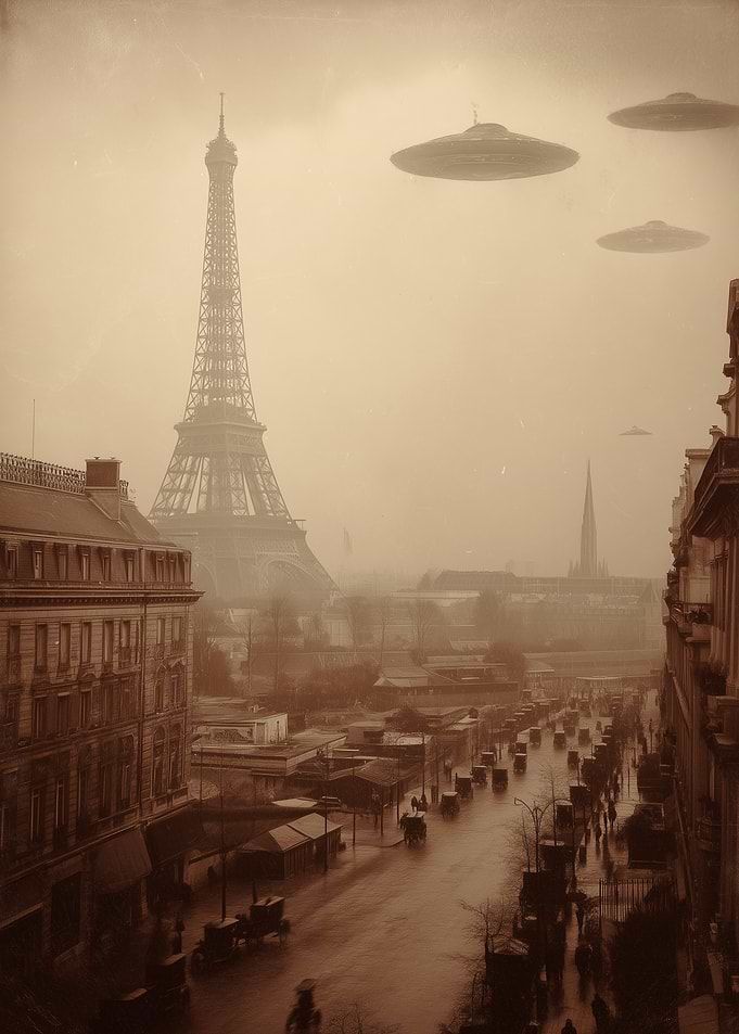 UFOs Over Paris Retro Image