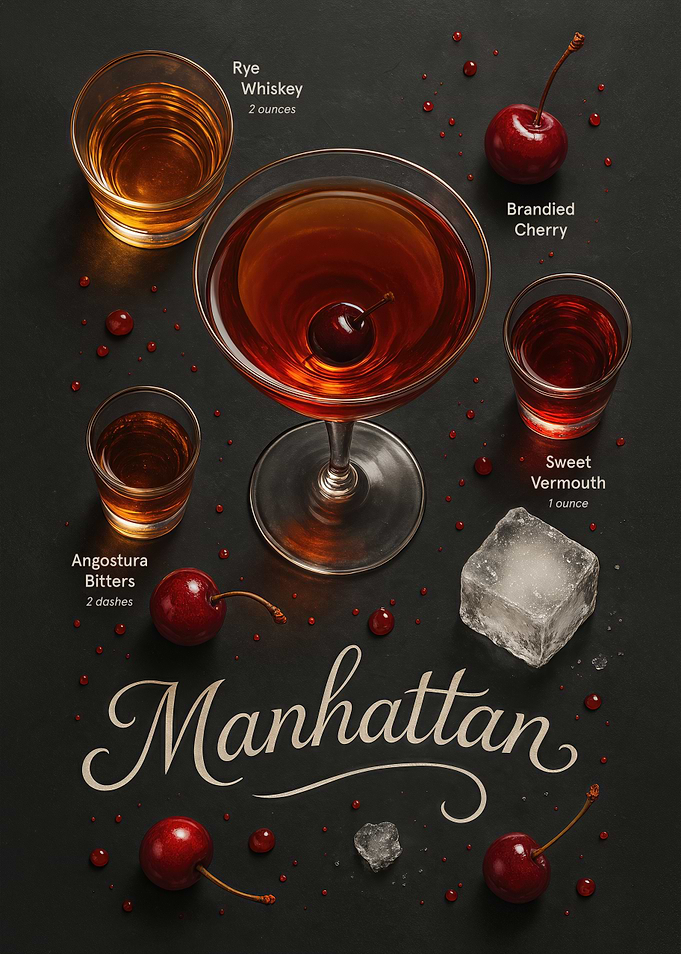 Manhattan Cocktail Poster – Whiskey and Cherry
