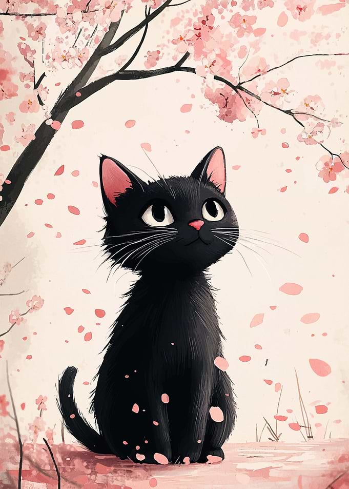 Black Cat Under Cherry Blossoms