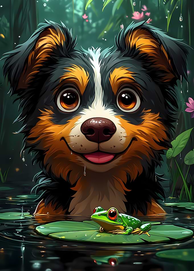 Dog Australian Shepherd and Frog in Rain