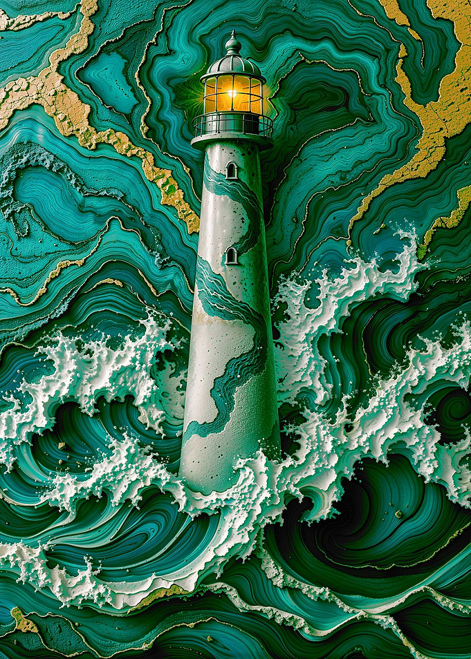 Lighthouse in Turbulent Emerald Seas – Abstract Ocean Swirls with Gold Accents