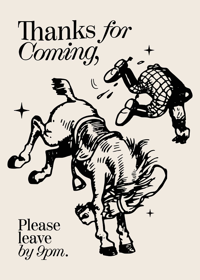 Horse Bucking Off Rider, Thanks for Coming Please Leave by 9 Pm Print, Trendy Green Living Room Decor, Retro Aesthetic Poster, Minimalist Hand Drawn Kitchen Print
