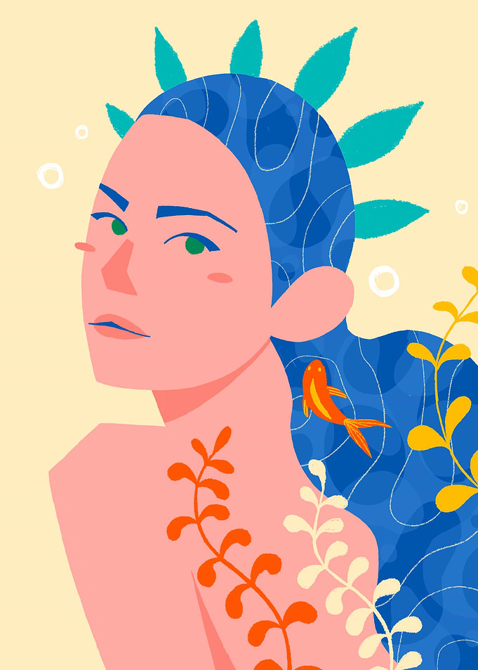 Woman with Blue Hair and Fish