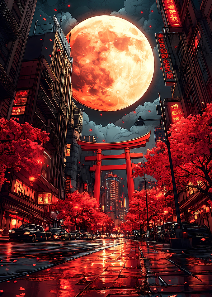 Red Moon Cityscape Japanese