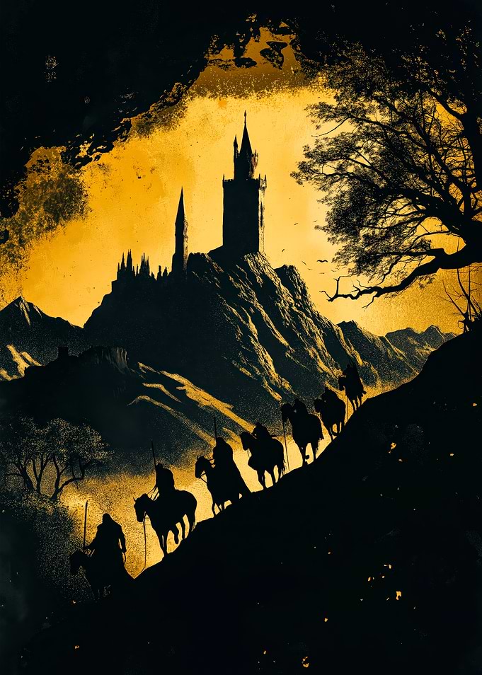 Silhouetted Riders Approaching Castle