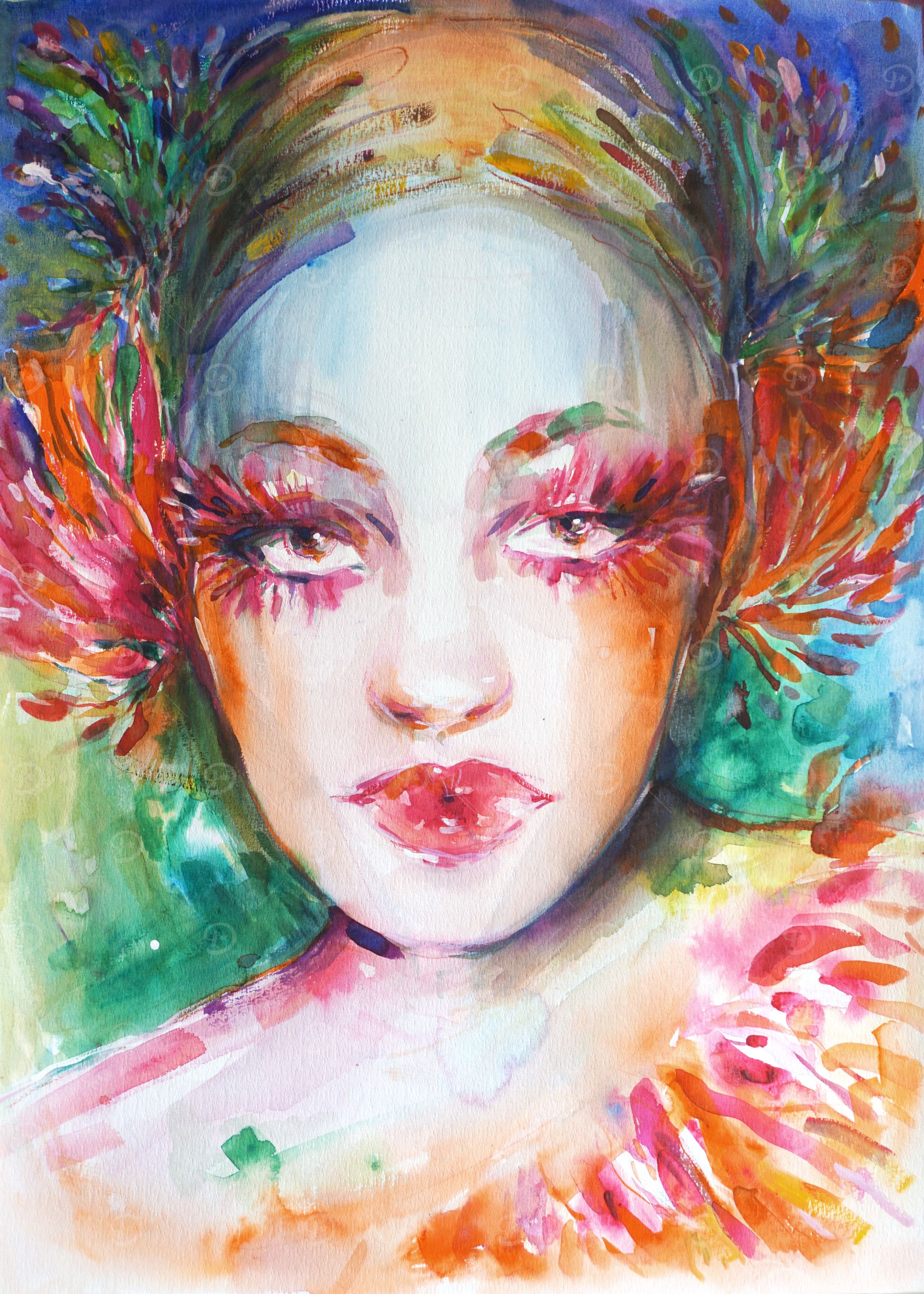 Vibrant Watercolor Female Portrait with Flowers