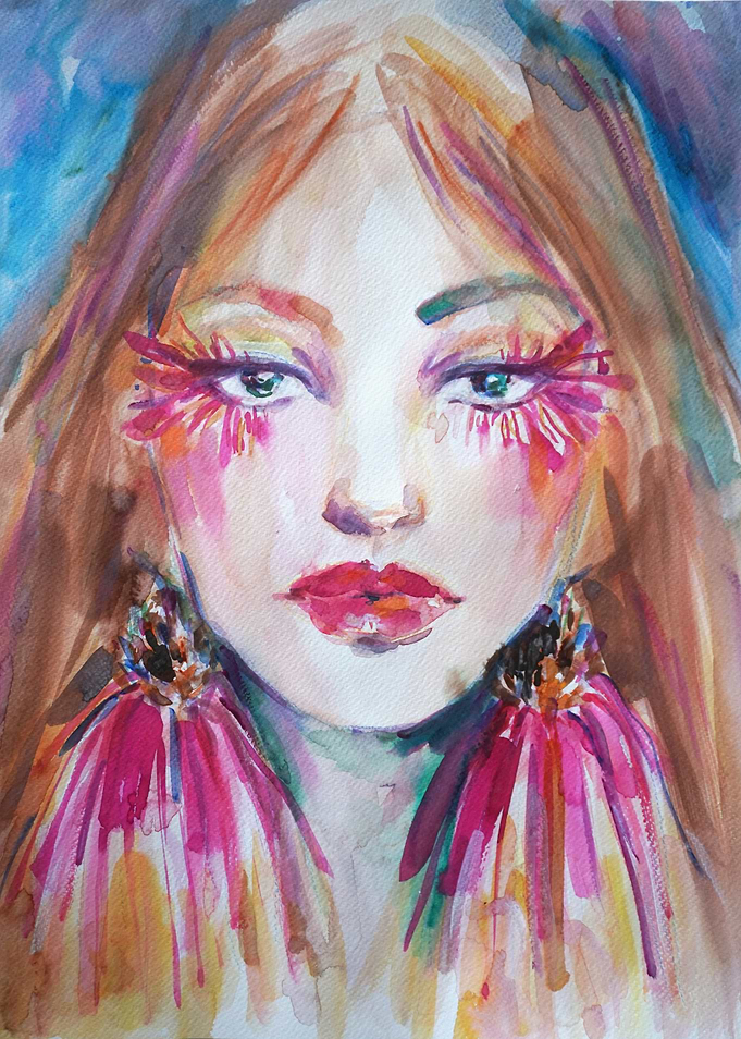 Pink Feathery Lashes. Watercolor Portrait of Woman