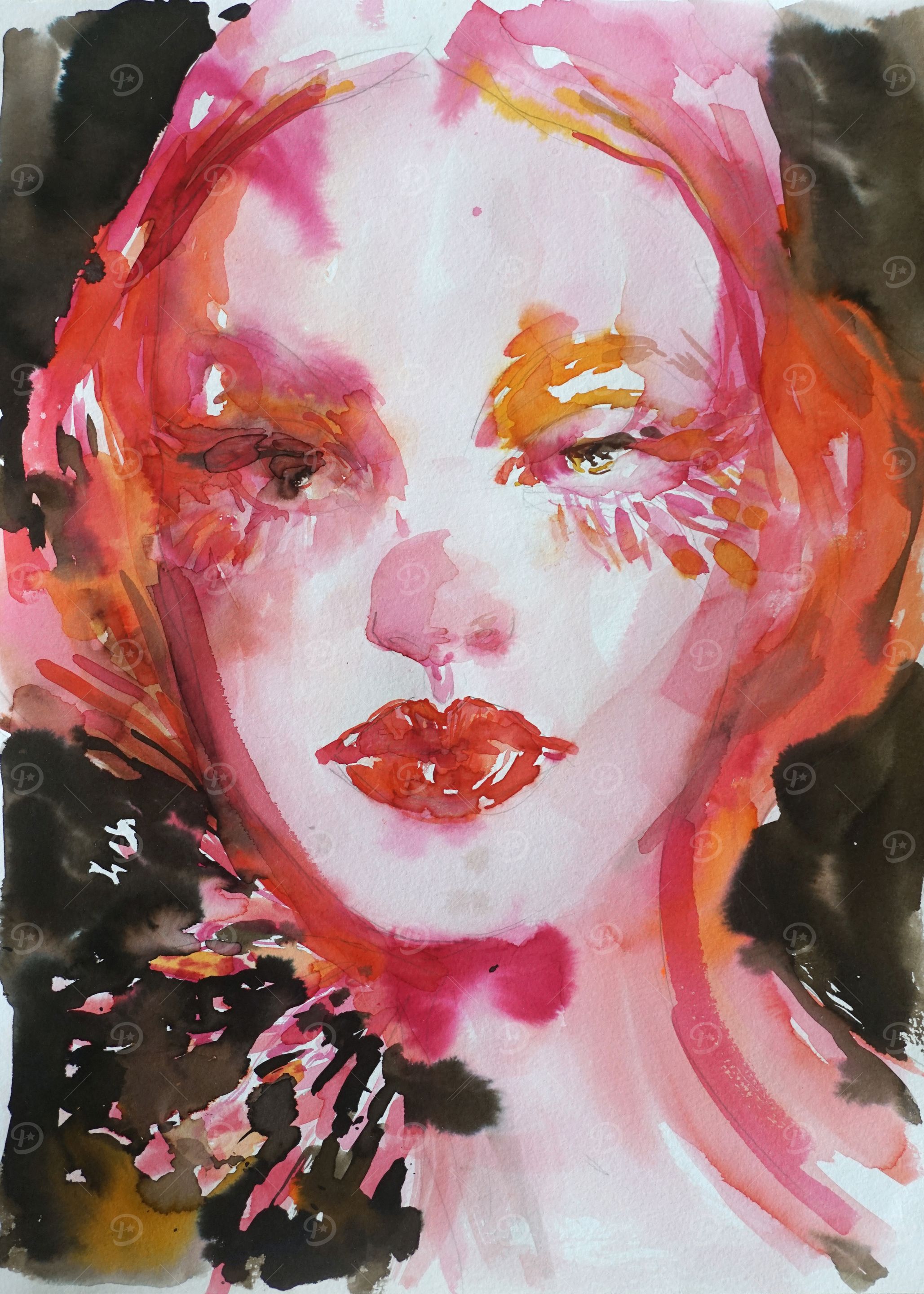 Pink and Black Watercolor Portrait of a Woman