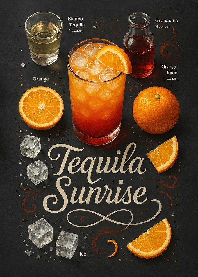 Tequila Sunrise Poster – Fruity Orange Cocktail Art