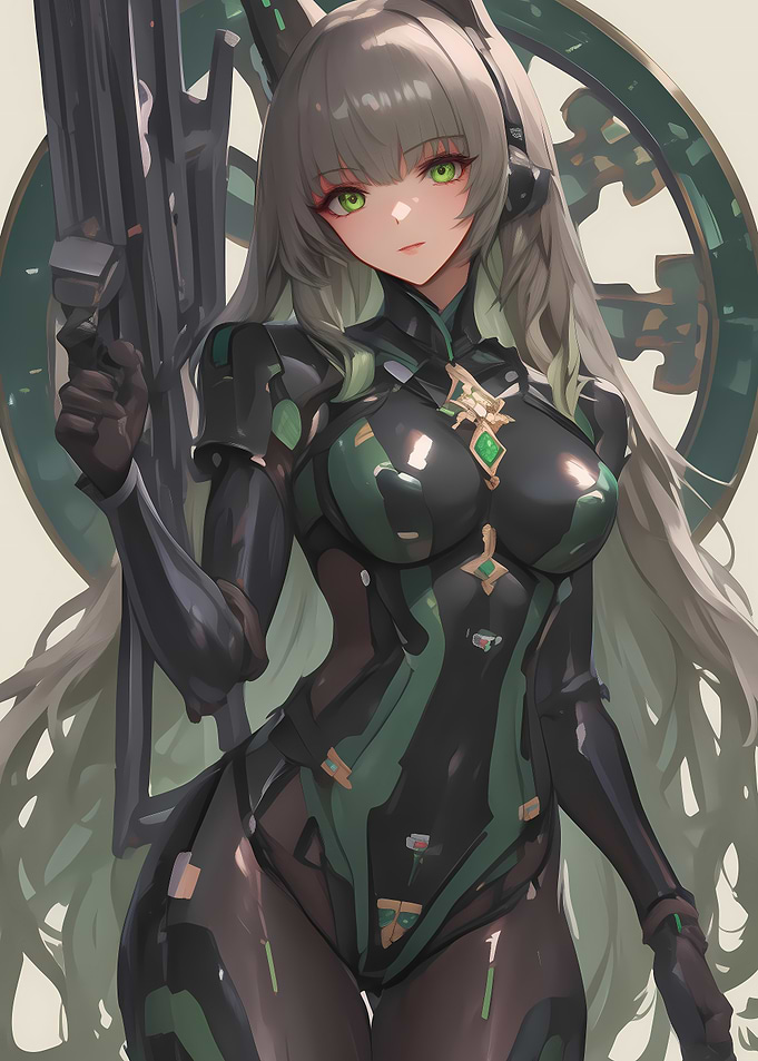 Green-Eyed Anime Girl in Combat Gear Gaming