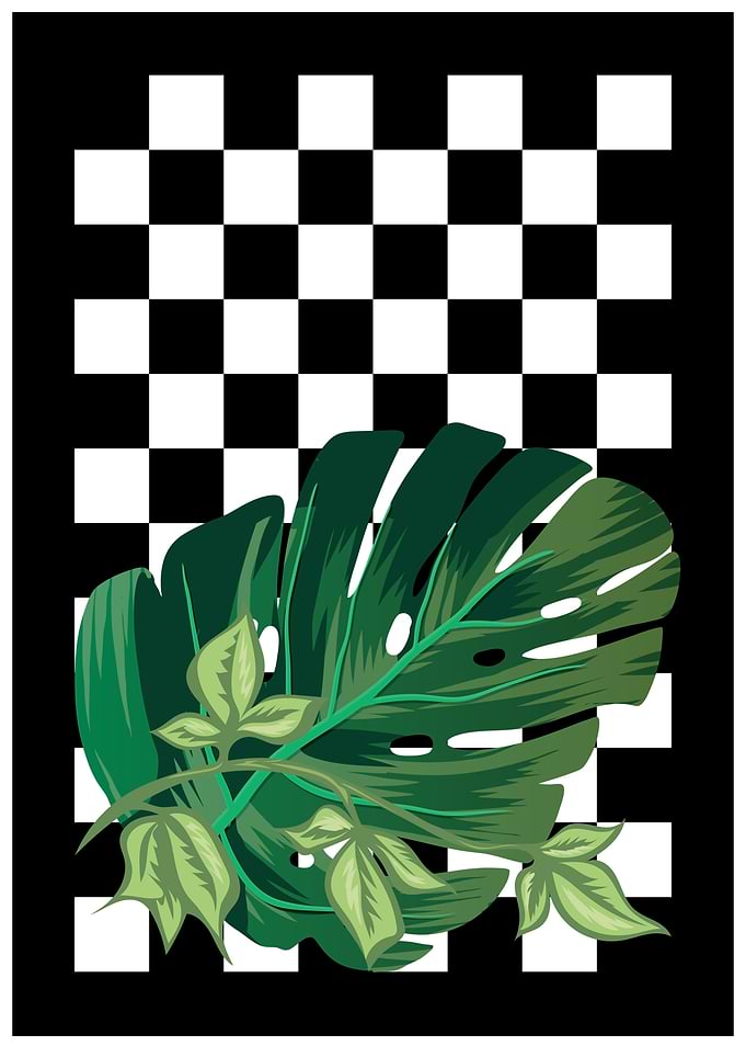 Tropical Leaf on Checkerboard