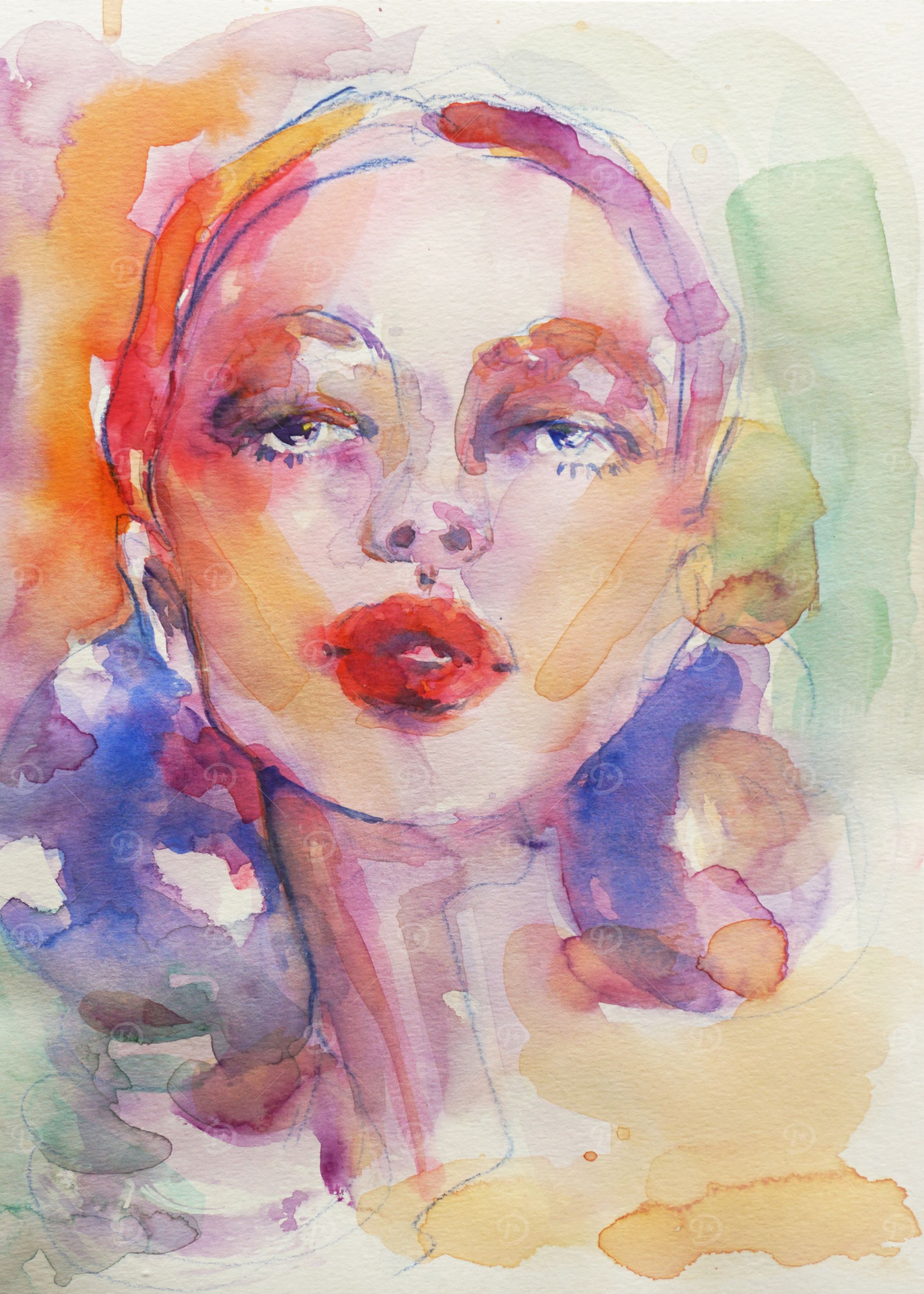 Bright Purple and Pink Watercolor Portrait of a Woman