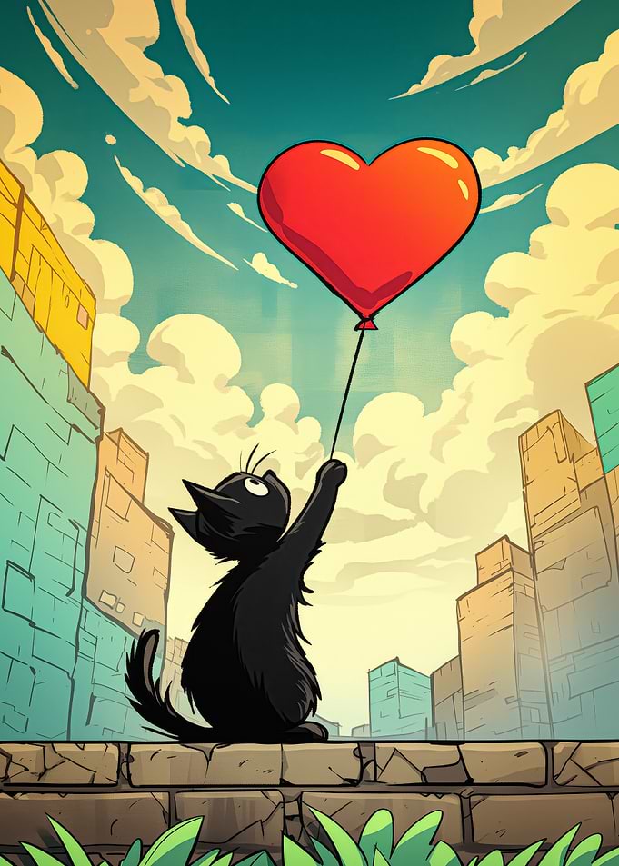 Black Cat with Heart Balloon