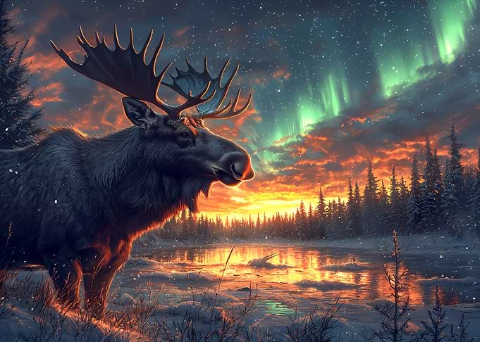 Moose Under Aurora Borealis